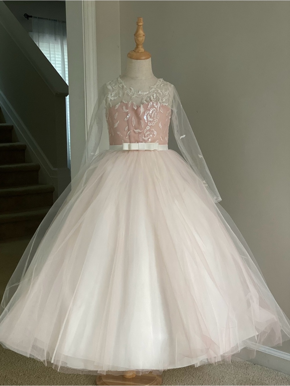 Girls' Blush Pink Tulle Party Dress with Lace Bodice